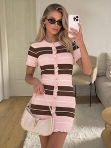 Gaun Rajut Tank Top Wanita Kasual Musim Panas Elegan Leher Bulat Lengan Pendek dengan Hiasan Ruffle dan Motif Garis-garis Patchwork Warna Pink - Berwarna merah muda - View 2