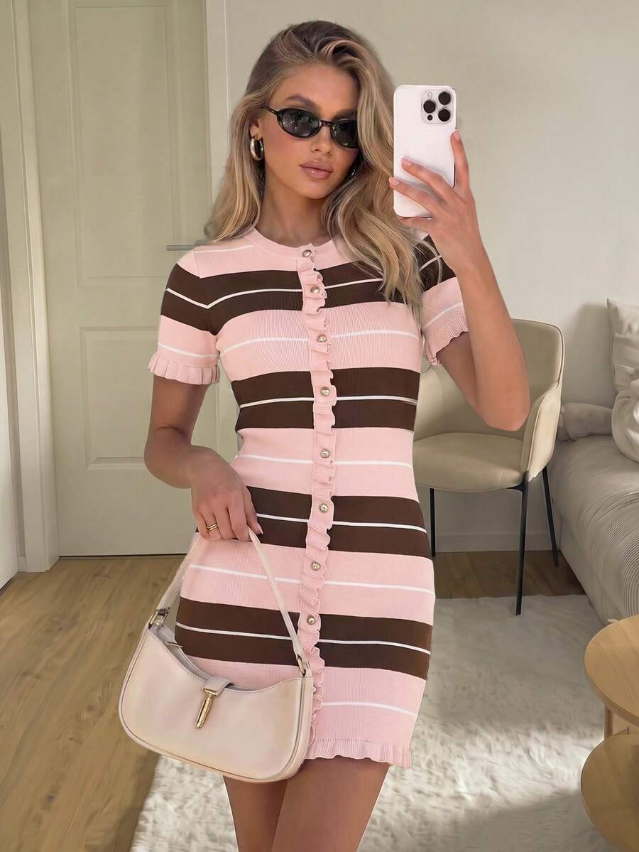 Women's Summer Casual Elegant Round Neck Short Sleeve Ruffle Trim Striped Patchwork Tank Knit Dress Pink - Pink - View 1