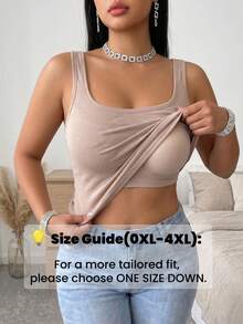 1pc Women's Plus Size Round Neck Wide Strap Tank Top, Soft Skin-Friendly Fabric, Built-In One-Piece Padding, Suitable For Daily Minimalist Wear - Khaki - View 1
