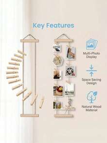 1 Set Wooden Photo Wall Hanging Rack, Includes Hanging Rope And Clips; Multiple Photo Display Rack; No Drilling Required; Space-Saving; Suitable For Dorm, Bedroom, Desk And Wall Decoration, Christmas Holiday Memorial Photos - A - View 5