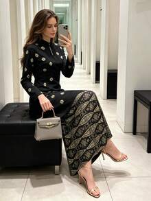 Baju Pahang Women's Elegant Stand Collar Printed Long Sleeve 2 Pieces Set, Suitable For Daily And Vacation Wear - Black - View 2