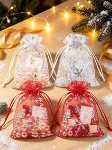 50pcs/Set Christmas Snowflake Print Organza Drawstring Gift Bags, Red Silver Mesh Pouch For Xmas Party Favor Packaging - Multicolor - View 2