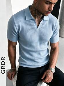 GRDR 男士夏季针织Polo衫，纯色短袖针织领，适合夏季外出穿着，时尚穿搭必备单品 - 淺藍色 - 查看 3