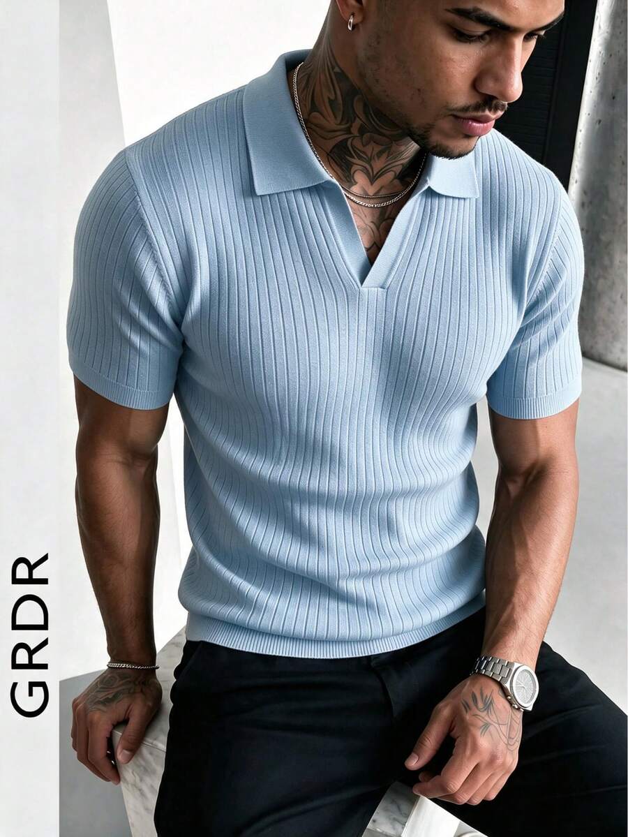 GRDR Men's Summer Knit Polo Shirt, Solid Color Short Sleeve Knitted Collar, Suitable For Summer Outings, Essential For Fashionable Outfit
