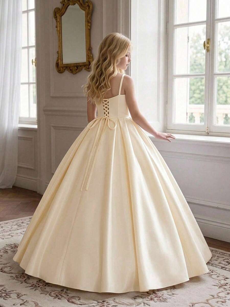 Tween Girls Solid Color Spaghetti Strap Backless Tie-Back Satin Elegant Flower Girl Evening Dress For Party, Headband Not Included - Champagne - View 1