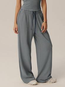 Women's Striped High Waist Drawstring Wide Leg Long Pants, Loose Straight Leg Casual Sports Home Pants - Navy Blue - View 8
