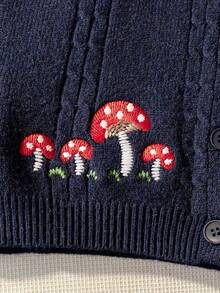女童甜美蘑菇刺繡粗針編織圓領鈕扣長袖開襟針織外套，休閒百搭，適合日常穿著與上學，春秋冬三季 - 藏蓝色 - 查看 4