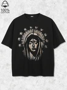 Tiny Spark Retro Streetwear Black Tee Shirt Vintage Graphic Virgin Mary Punk Metal Style - Black - View 1