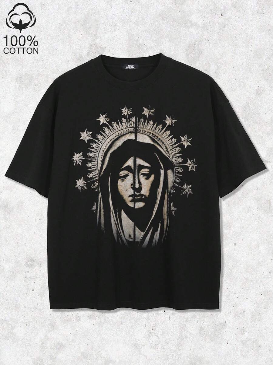 Tiny Spark Retro Streetwear Black Tee Shirt Vintage Graphic Virgin Mary Punk Metal Style - Black - View 1