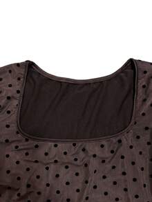 Casual Fashion Mesh Polka Dot Print Square Neck Long Sleeve Slim Fit Women's Top, Autumn/Winter New Style, Vintage Daily Commute, Outing, Holiday, Date Wear - Brown - View 8