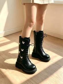 Suggested To Buy Larger Size, Refer To Size Chart, One Pair Of Cute Butterfly Children's Boots, Soft Leather, Non-Slip, Easy To Put On And Take Off, Versatile, Suitable For Daily Wear - Black - View 14