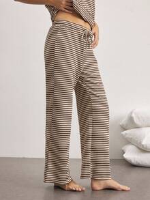Ocili Striped Print Drop Shoulder Lounge Top PJ Set Sleep Pants - Khaki - View 19