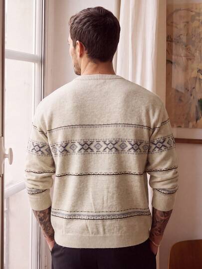 Men Autumn‑Winter Geometric Fair Isle Knit Cardigan, Button Front Long Sleeve Relaxed Sweater, Old Money Style For Holiday Festival Daily Wear