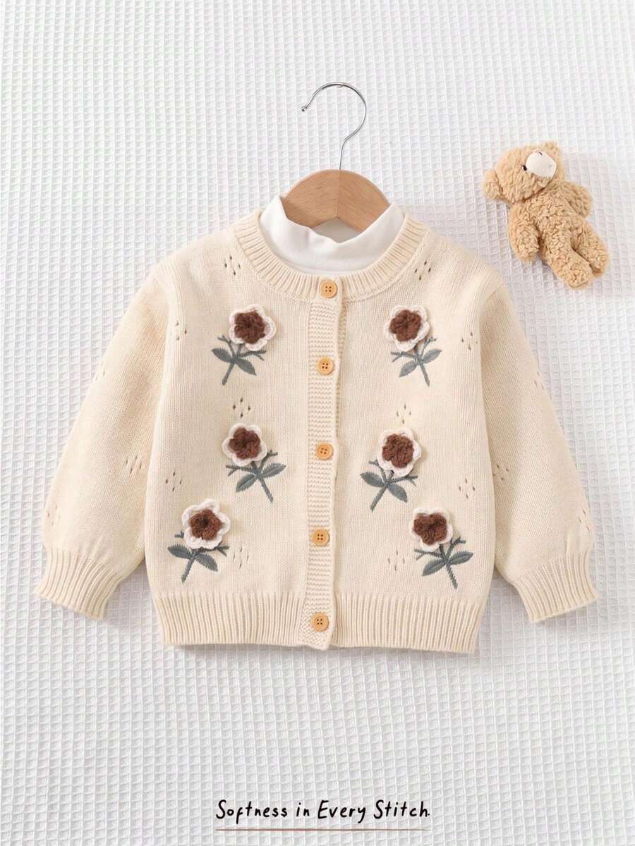 Baby Girl Gentle Mori Style 3D Floral Embroidered Knit Round Neck Cardigan Sweater - Apricot - View 1