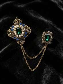 Vintage Royal Green Crystal Chain Double-Head Brooch, Elegant Lapel Brooch Accessory, Suitable For Party And Daily Wear, Women's Jewelry Gift - Ancient Gold - View 6