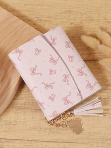 Fashionable Bow Printed Short Wallet, Portable Metal Heart-Shaped Tassel Decoration, Multi Slot Snap Wallet, Suitable For Outdoor And Travel - Pink - View 5