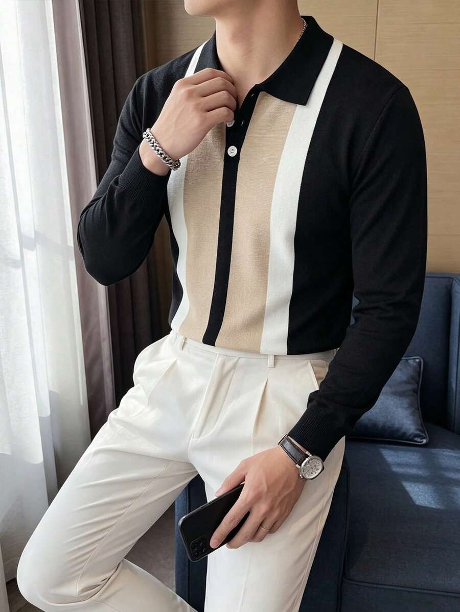 WAIT HIM Men's Striped Casual Long Sleeve Half-Zip Cardigan Sweater - Black - View 1