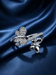 1pc Elegant & Lively Double Butterfly Zirconia Embellished Ring For Women, Niche Luxury Daily Delicate Dating & Street Style - Ring - View 1