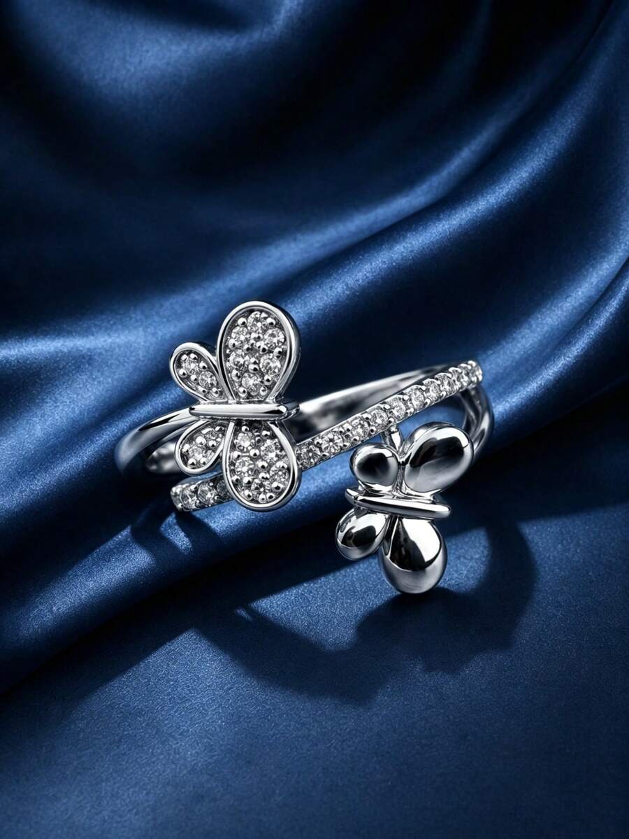 1pc Elegant & Lively Double Butterfly Zirconia Embellished Ring For Women, Niche Luxury Daily Delicate Dating & Street Style - Ring - View 1