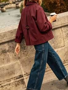 French Style Short European & American Blogger Inspired Casual Commute Versatile Jacket, Lapel Collar Large Pockets Back Buckle Loose Silhouette Spring/Autumn Jacket, Suitable For Outdoor Wear. - Burgundy - View 1