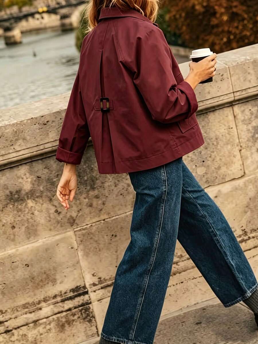 French Style Short European & American Blogger Inspired Casual Commute Versatile Jacket, Lapel Collar Large Pockets Back Buckle Loose Silhouette Spring/Autumn Jacket, Suitable For Outdoor Wear. - Burgundy - View 1