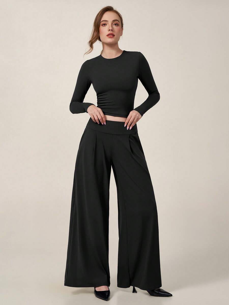 TimeOff Women's One Set Autumn/Winter Solid Color Round Neck Sexy Hollow Back Long Sleeve Wide Leg Pants Sports Outfit - Black - View 1
