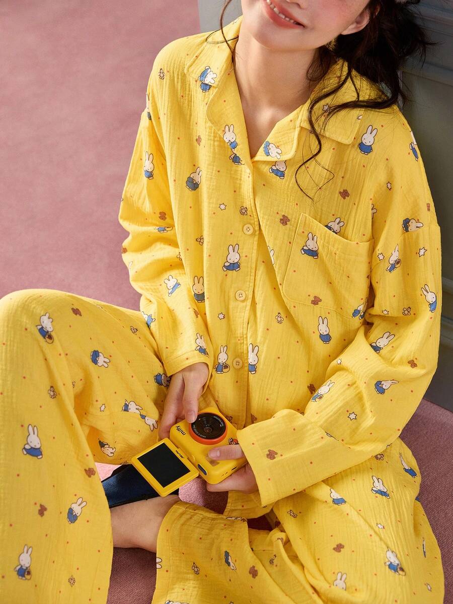 Gongdie 2件組 Miffy 女款睡衣套裝，秋季黃色雙層紗棉居家服，附口袋 - 黃色 - 查看 1