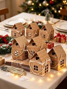 12pcs Christmas House Shaped Kraft Paper Gift Boxes With Portable Rope Handles, Vintage Christmas Print Foldable Gift Packaging Boxes, Holiday Party Favor Containers, Christmas Table Decor And Gift Wrapping Supplies - Multicolor - View 10