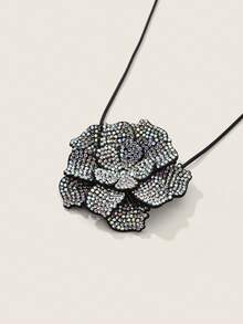 Valisandre Rhinestone Flower Decor Necklace - Black - View 4