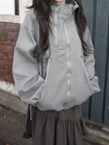 Women's Dropped Shoulder Long Sleeve Casual Multi-Zipper Loose Hooded Jacket - Grey - View 2