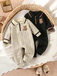 Bhchntiy Baby Boy Autumn/Winter New 2pcs Jacquard Textured Fabric Polo Collar Cute Bear Patch Solid Color Romper - Multicolor - View 1