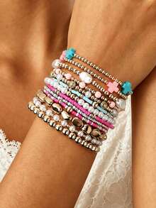 13pcs/Set Bohemian European & American Style Cross Pearl CCB Beaded Colorful Elastic Cord Stackable Women's Bracelet Set, Suitable For Daily & Holiday Jewelry Wear - Multicolor - View 3