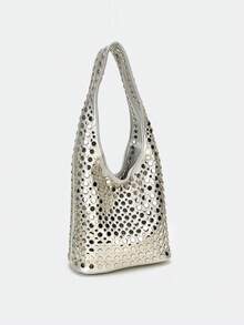 Dedoo Silver V-Shaped Double-Sided Studded Bucket Bag, Punk Style Heavy-Duty Rivet Embellished Underarm Shoulder Bag, Suitable For Work Commute And Shopping - Silver - View 6