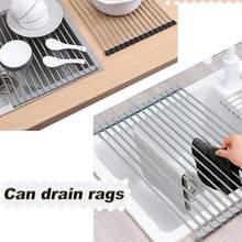 Black, Collapsible Dish Rack For Over-The-Sink Use, Made Of Stainless Steel, Kitchen Storage Accessory, For Storing Sponges, Cups, Fruit And Vegetables, Including Drying Mat, 35 * 43 Cm - Silver - View 3