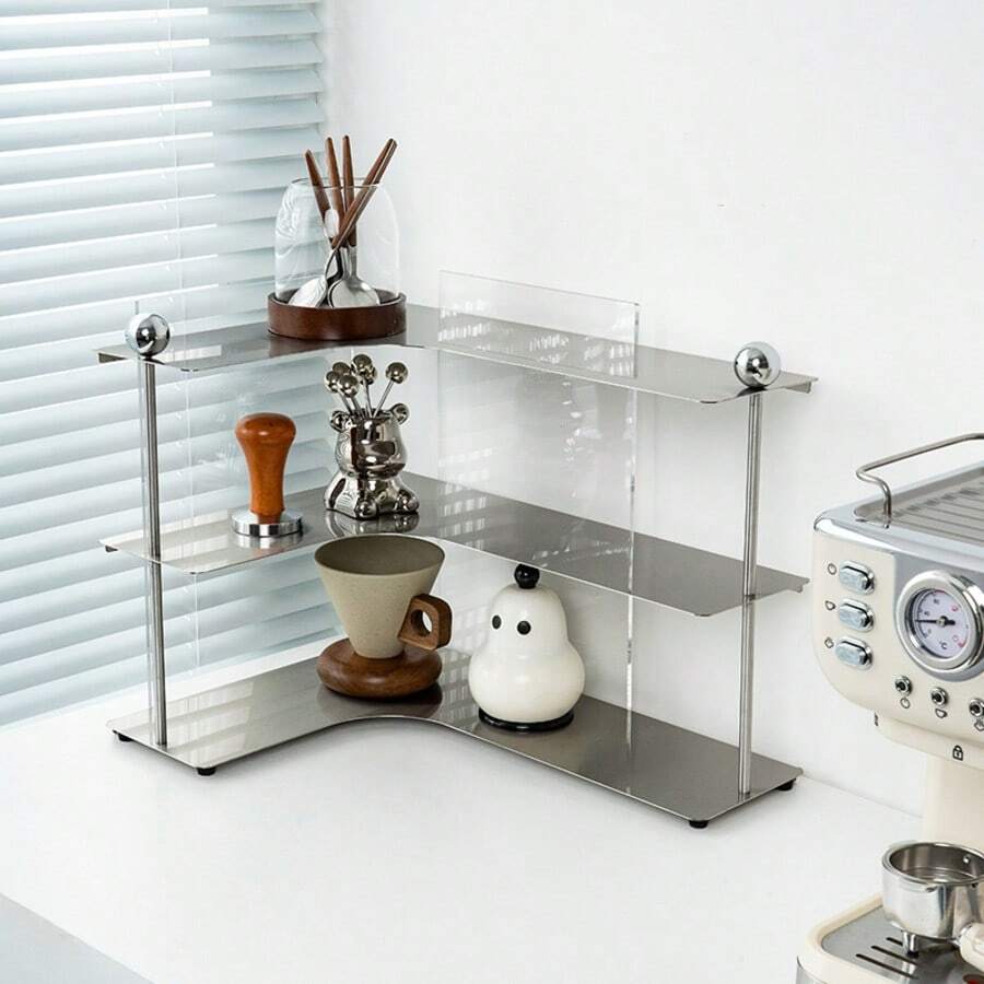 Rak Sudut 3 Tingkat Stainless Steel dengan Sisi Akrilik, Rak Meja Berbentuk L yang Stabil untuk Mug, Perlengkapan Kopi, Kosmetik, dan Perlengkapan Dapur & Riasan