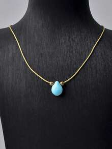 1pc Bohemian Style Teardrop Turquoise Pendant Necklace, Women's Beach Vacation Photo Accessory - Gold - View 6