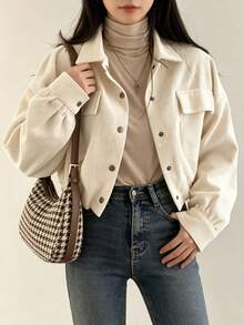 YUXIN Women's Cream Corduroy Shacket Cropped Collared Button Up Chest Pockets Oversized Long Sleeve Retro Casual Jacket For Fall Winter Layering - Apricot - View 12