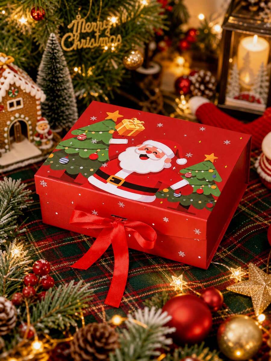 1pc Christmas Gift Boxes, Festive Decorative Holiday Wrapping Boxes With Ribbon Bow, Reusable Present Packaging For Families Christmas Party Home, Holiday Parties And Family Gift Giving,Christmas Home Decor - Multicolor - View 1
