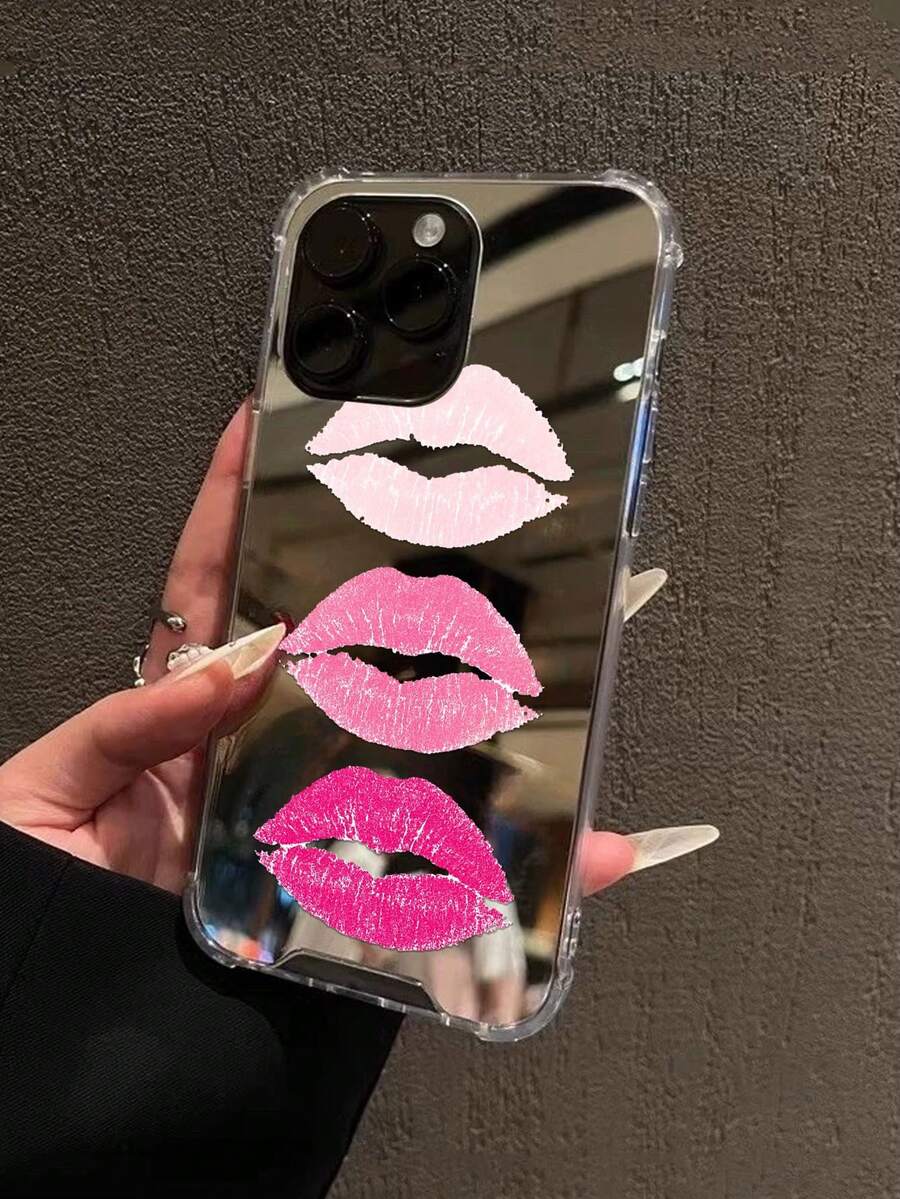 Gradient Pink Lipstick Kiss Print Mirror Phone Case Y2K Sweet Style Shockproof Protective Cover - Multicolor - View 1