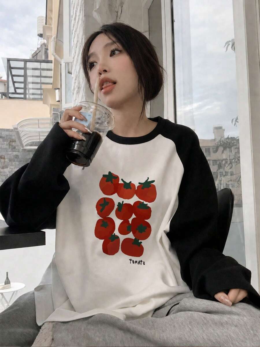 Women's Loose Fit Fashionable Versatile Letter & Tomato Print Raglan Contrast Color Long Sleeve T-Shirt Casual - Black and White - View 1