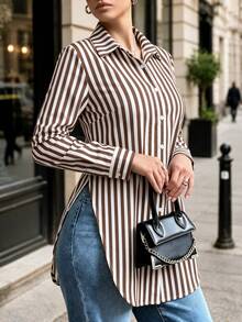 Women's Striped Button-Front Long Sleeve Collared Casual Long Shirt, Front Short Back Long Side Slit - Brown - View 3