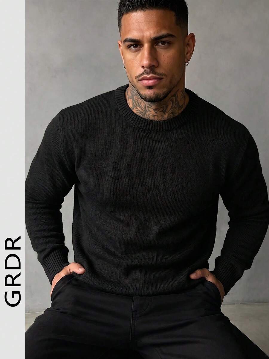 GRDR Sweater Pria Lengan Panjang Kerah Bulat Warna Polos, Musim Gugur/Dingin