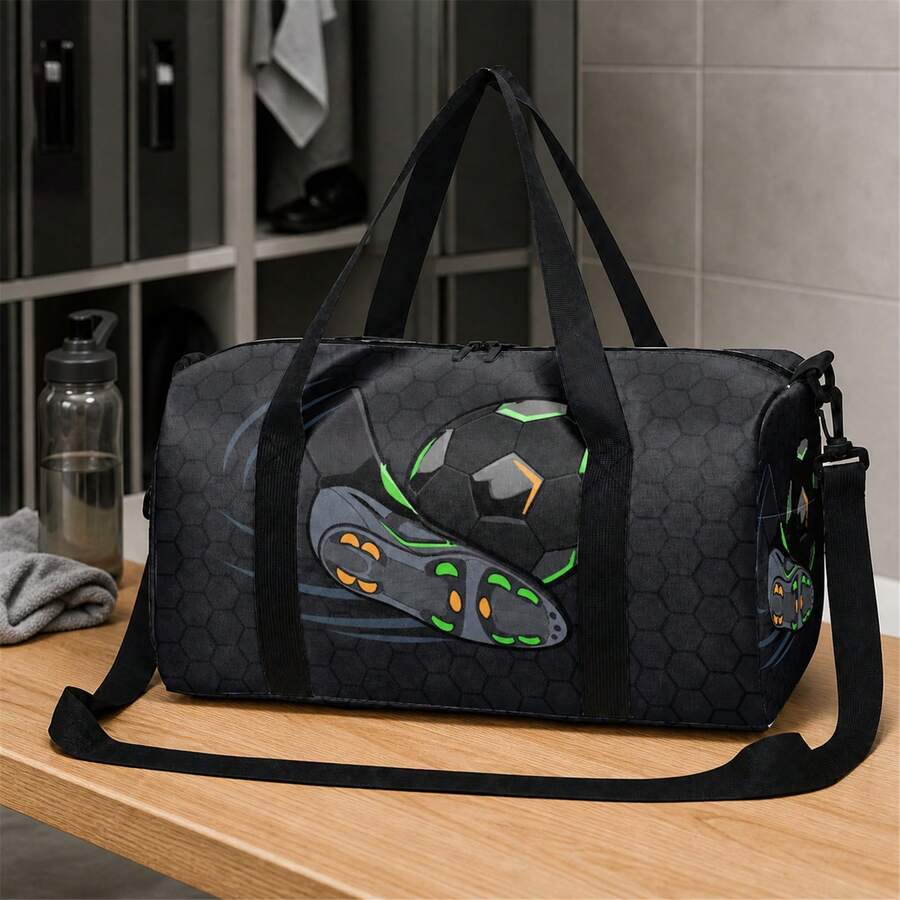 Soccer Ball And Sneaker Print Duffel Bag For Boys And Teens, Gray Zip Travel Holdall With Top Handles And Shoulder Strap For Sports And Weekend Trips - BALL-34 - View 1