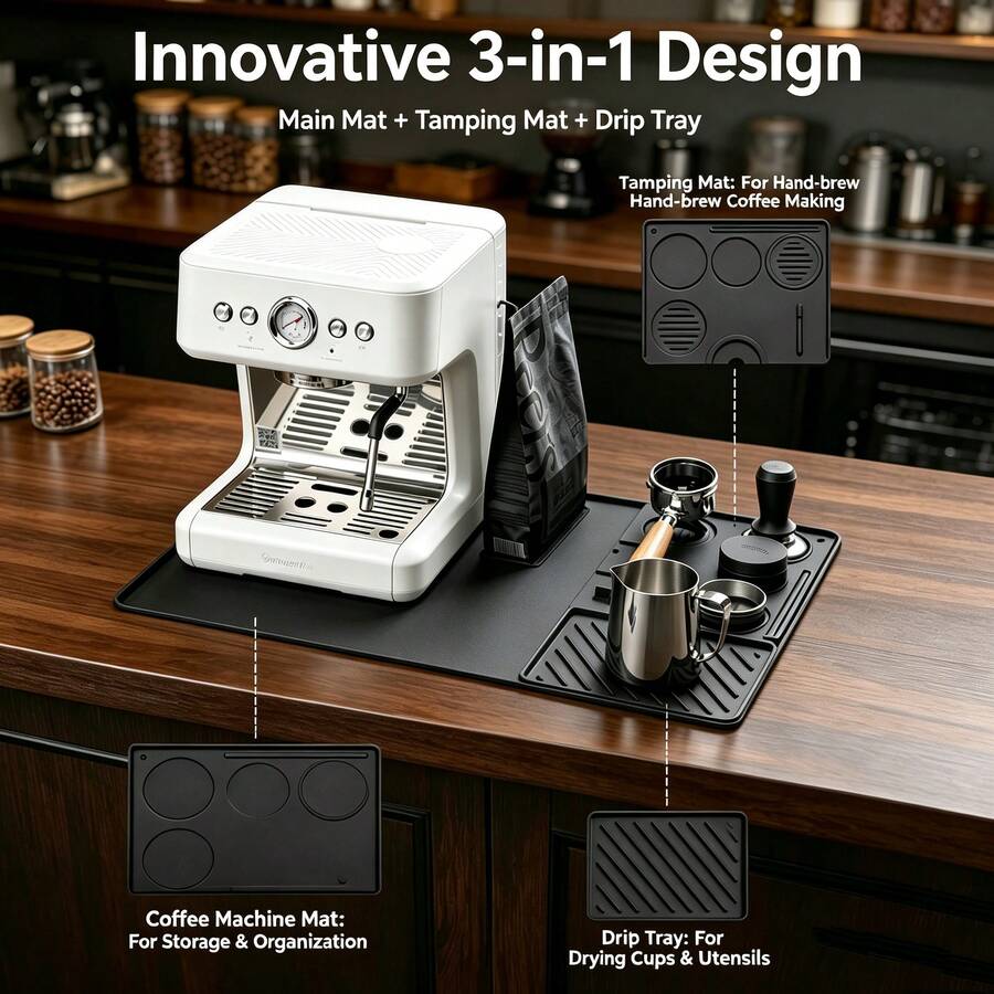 3-Piece Coffee Machine Mat Set: Main Mat, Tamper Mat, Drip Tray Mat, Large Non-Slip Heat-Resistant Countertop Mat, Waterproof And Moisture-Proof, Protects Tabletop From Steam, Easily Handles Coffee Grounds And Stains, Easy To Clean, Dishwasher , Multi-Functional