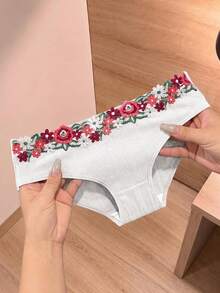 XGDFAY 5pcs Women's Mid-Waist Triangle Panties, Floral Embroidery Waistband Design, Solid Color Ribbed Fabric, Soft And Skin-Friendly, Comfortable And Breathable, Suitable For Daily Home Wear - Multicolor - View 5