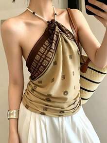 1pc Women's Summer Thin 110CM Large Square Scarf, Vintage Floral Print Decorative Shawl - Khaki - View 2