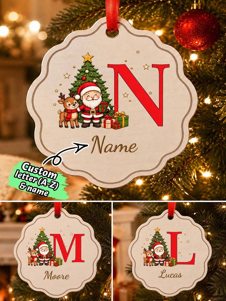 Custom Christmas Initial Name Ornament, Personalized Santa Reindeer Tree Hanging Decor, Festive Red Holiday Style, Customized Name Christmas Decoration, Customizable Monogram Keepsake, Christmas Tree Ornament, Holiday Gift 2026, Family, Friends - Style B - View 1