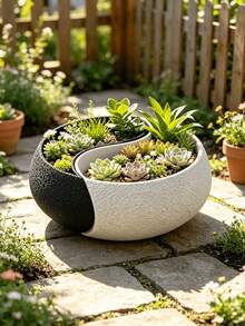 Yin Yang Planter Set, Indoor/Outdoor Decorative Planters, Concrete Planters With Drainage Holes, Suitable For Succulents And Cacti, Black And White Color Scheme Gardening Gift Home Decor, Suitable For Home, Office Desk, Living Room, Balcony, Also As Gardening Gift Or Summer Room Decoration, Provides Unique Gift For Plant And Home Decor Lovers, Durable And Lightweight - Flowerpot - View 1