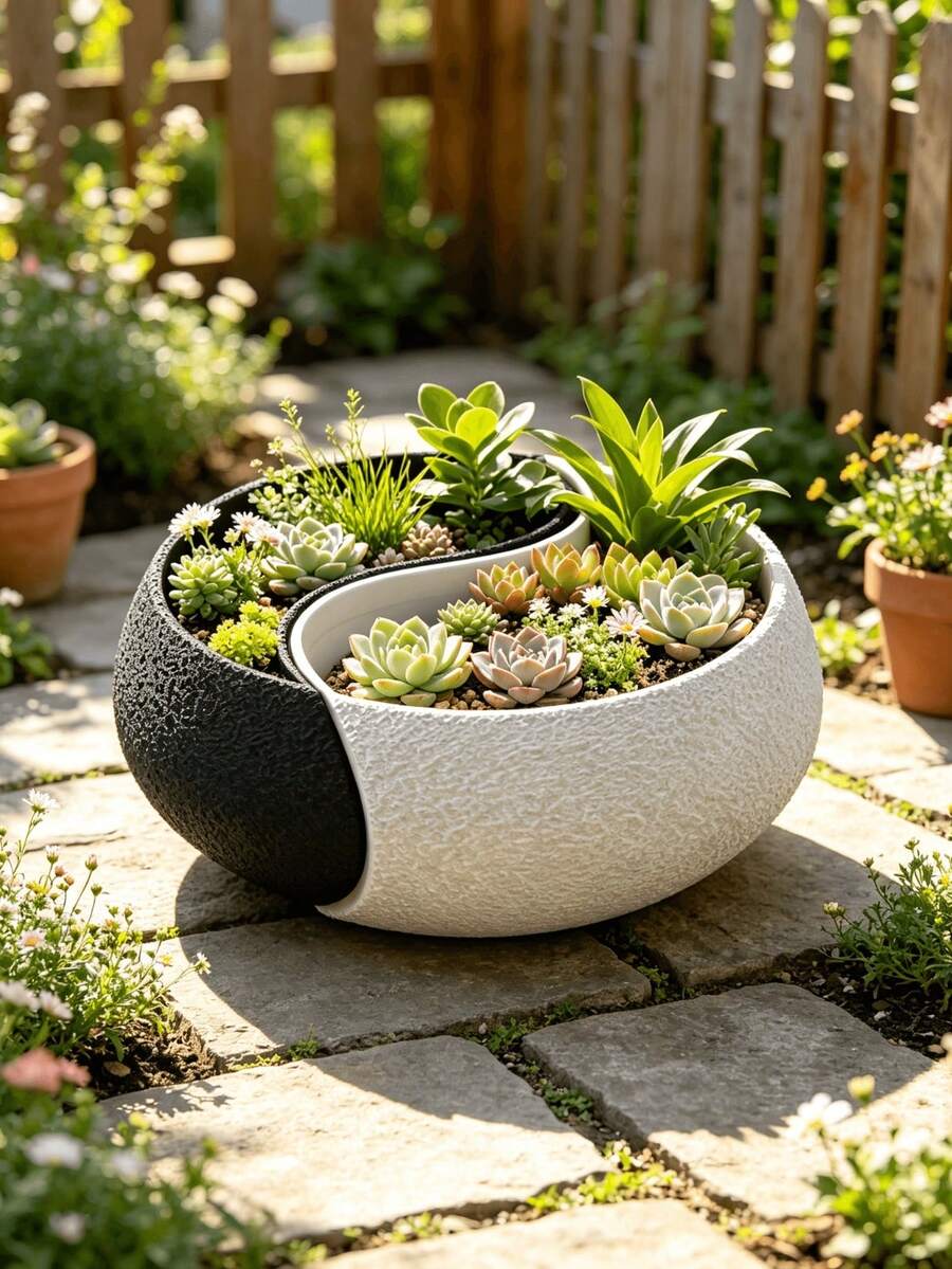 Yin Yang Planter Set, Indoor/Outdoor Decorative Planters, Concrete Planters With Drainage Holes, Suitable For Succulents And Cacti, Black And White Color Scheme Gardening Gift Home Decor, Suitable For Home, Office Desk, Living Room, Balcony, Also As Gardening Gift Or Summer Room Decoration, Provides Unique Gift For Plant And Home Decor Lovers, Durable And Lightweight - Flowerpot - View 1