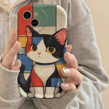 A Mondrian Color Block Splicing Cat Phone Case With Artistic Geometric Contrasting Cartoon Cat Ellipse All Inclusive Anti Fall Soft Shell Compatible With Apple 17 Promax/11/12/13/14 Plus/15/16 Pro - Multicolor - View 2